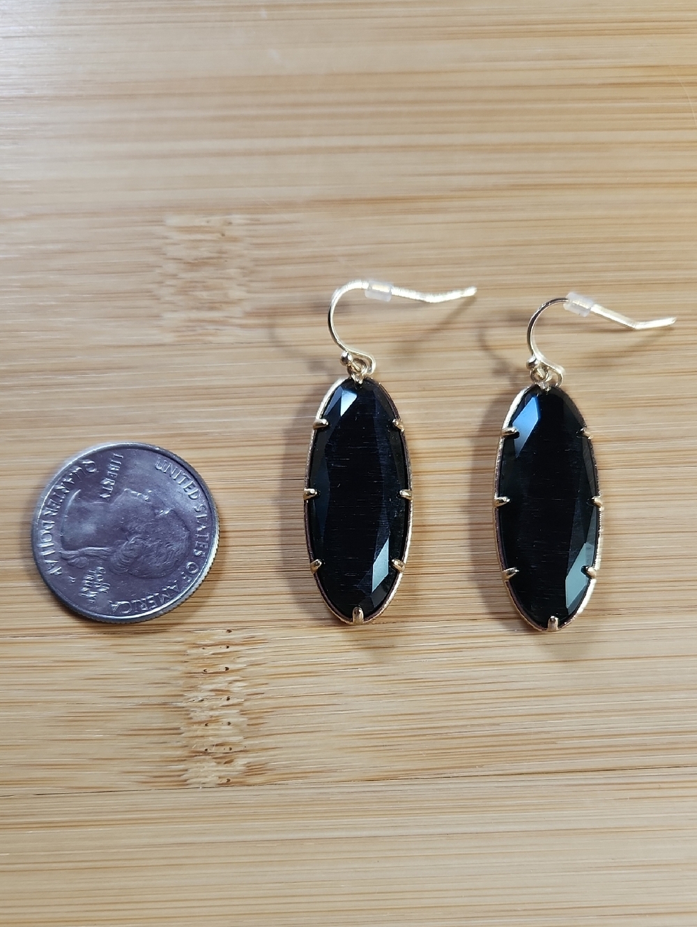 10/$20 Black Faceted Marquise Drop Earrings Gold Tone 1.75" Statement Dangle *B5